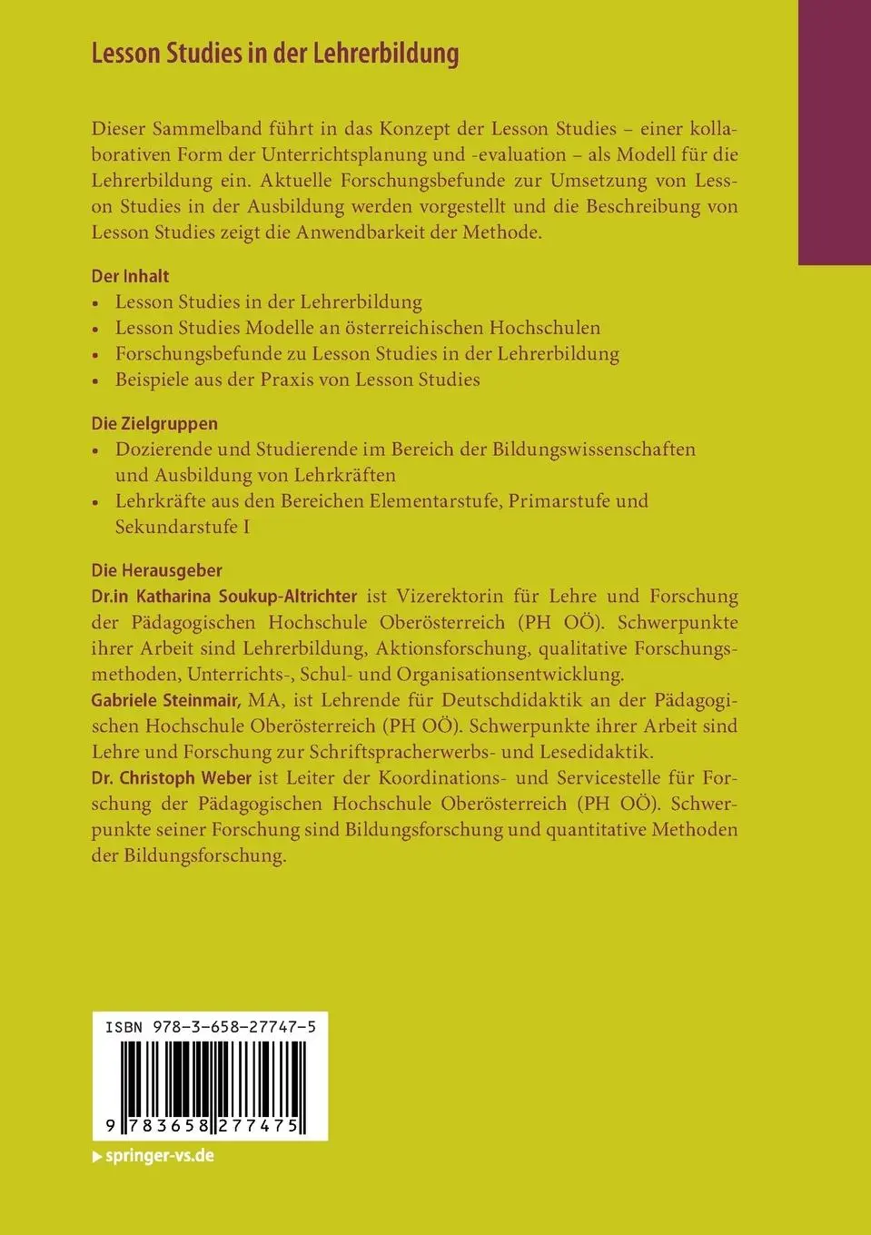Rückseite: 9783658277475 | Lesson Studies in der Lehrerbildung | Soukup-Altrichter (u. a.) | Buch