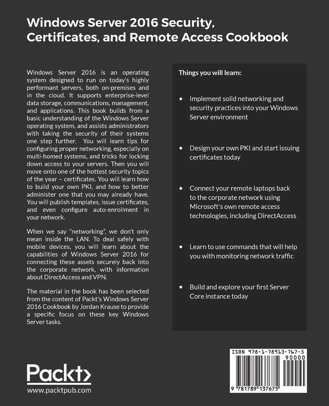 Rückseite: 9781789137675 | Windows Server 2016 Security, Certificates, and Remote Access Cookbook