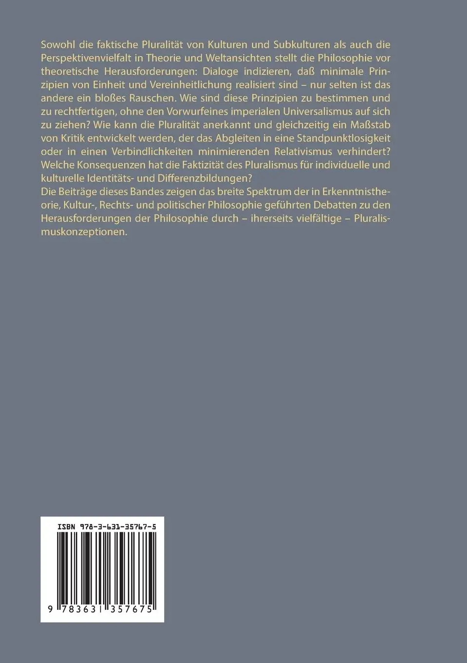 Rückseite: 9783631357675 | Herausforderung Pluralismus | Festschrift für Hans Jörg Sandkühler