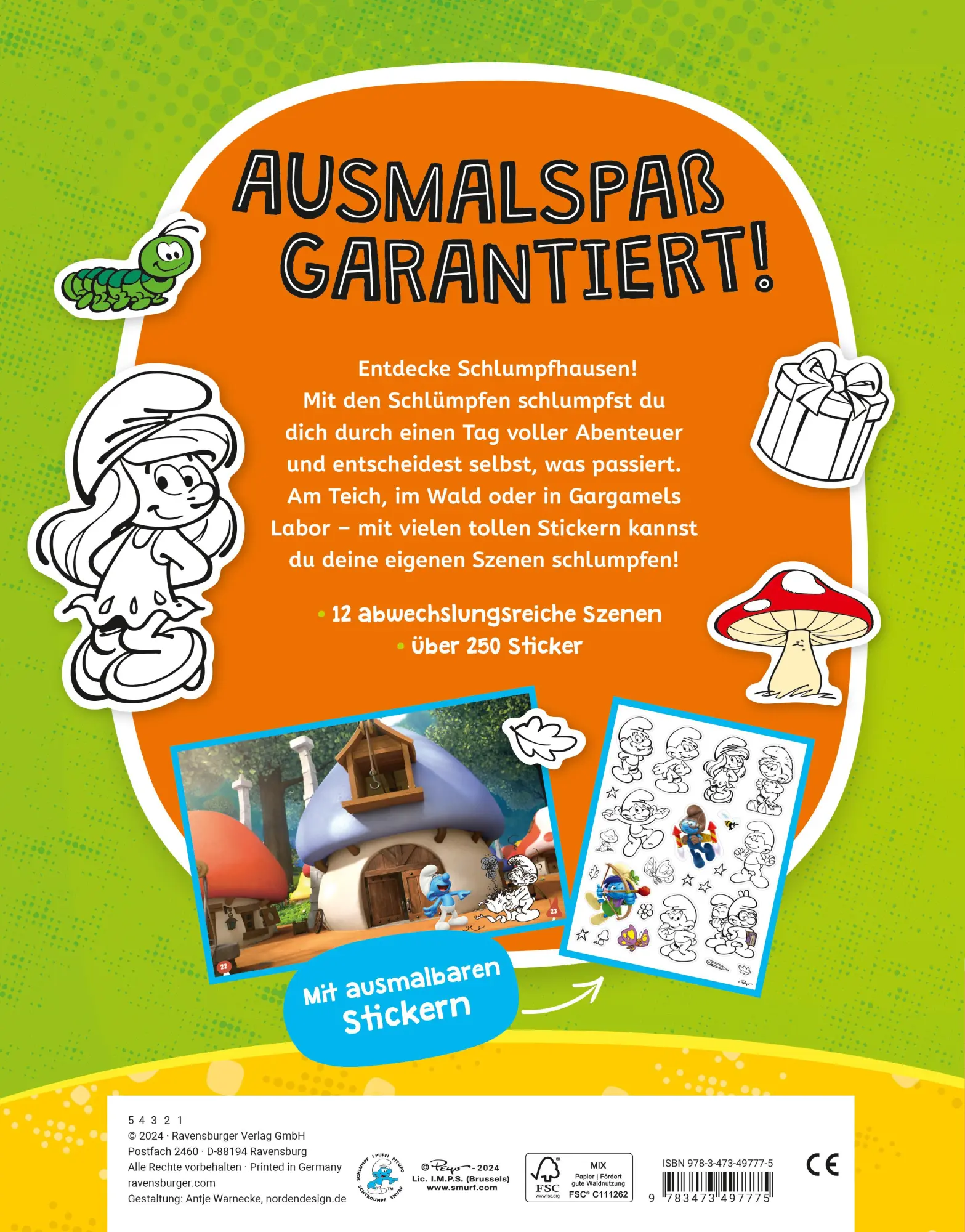 Rückseite: 9783473497775 | Mein Ausmalstickerbuch: Die Schlümpfe | IMPS | Taschenbuch | 24 S.