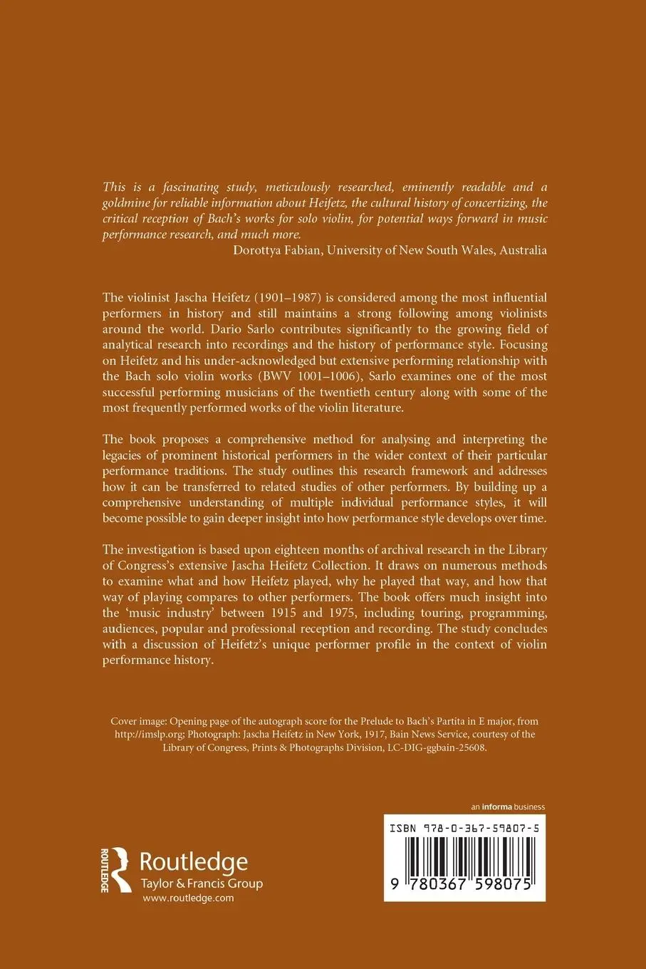 Rückseite: 9780367598075 | The Performance Style of Jascha Heifetz | Dario Sarlo | Taschenbuch