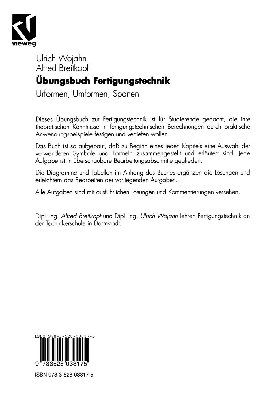 Rückseite: 9783528038175 | Übungsbuch Fertigungstechnik | Urformen, Umformen, Spanen | Buch
