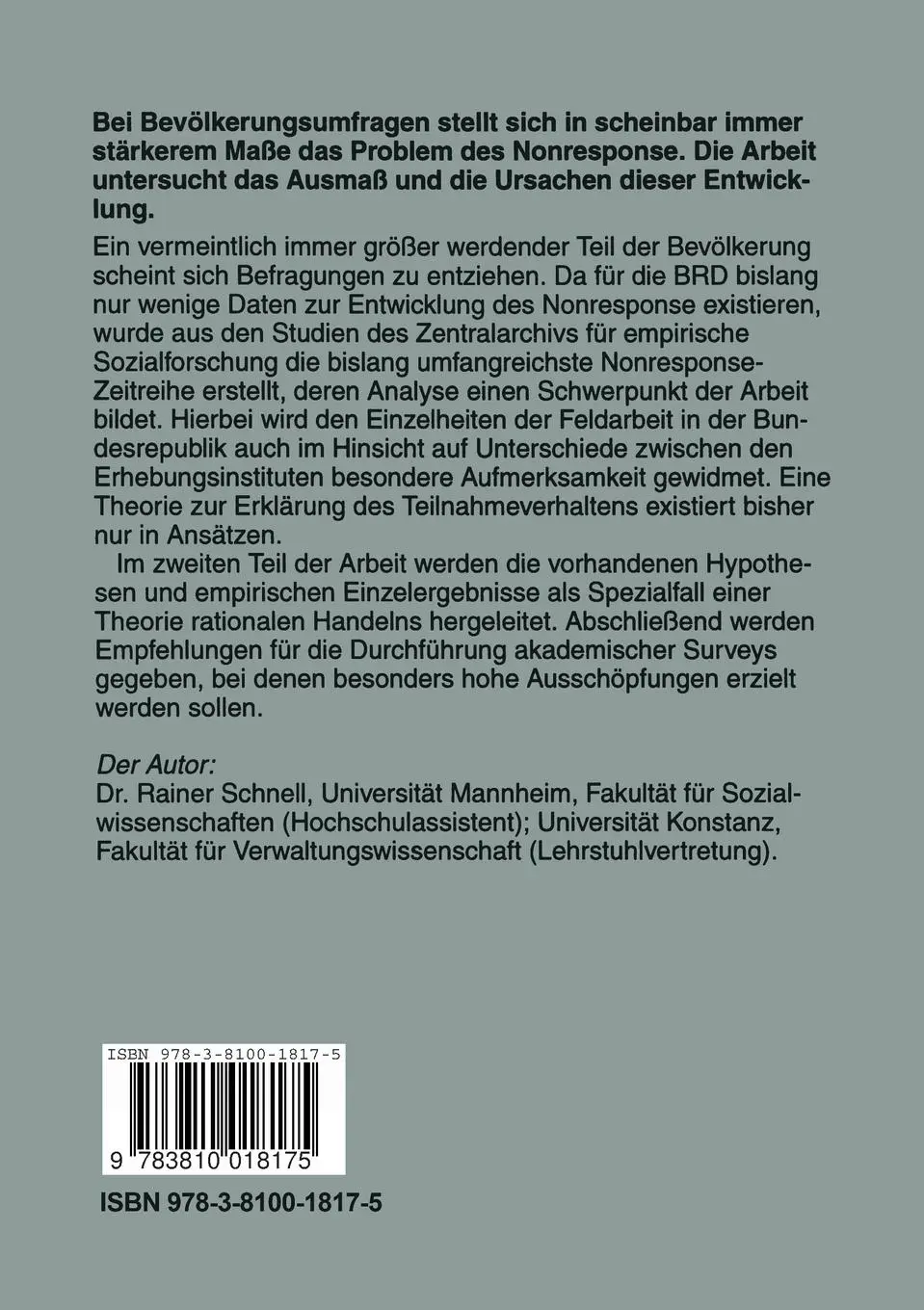 Rückseite: 9783810018175 | Nonresponse in Bevölkerungsumfragen | Ausmaß, Entwicklung und Ursachen