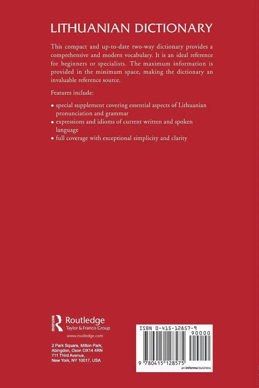 Rückseite: 9780415128575 | Lithuanian Dictionary | Lithuanian-English, English-Lithuanian | Buch