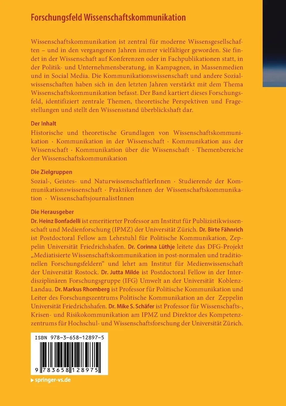 Rückseite: 9783658128975 | Forschungsfeld Wissenschaftskommunikation | Heinz Bonfadelli (u. a.)