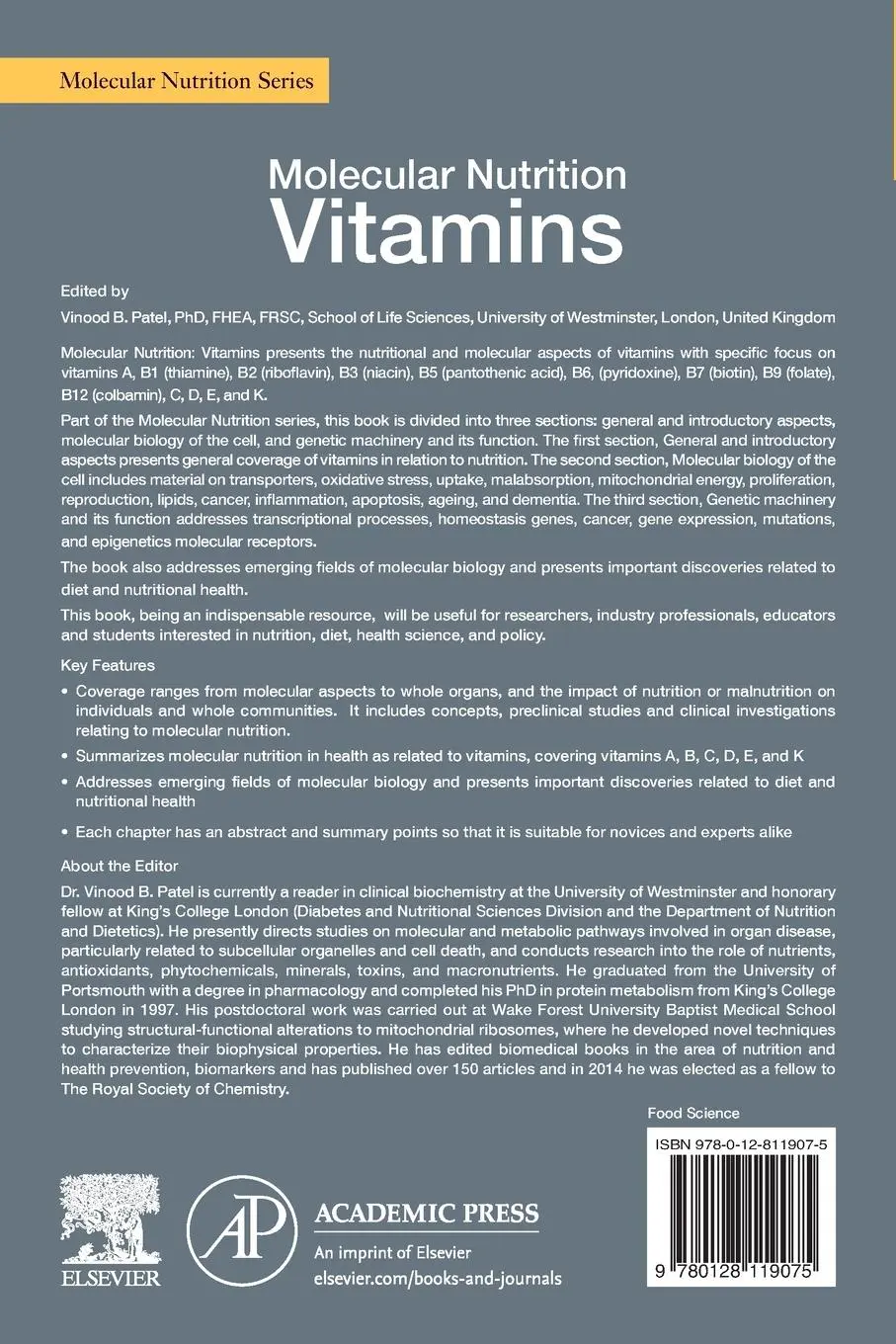 Rückseite: 9780128119075 | Molecular Nutrition | Vitamins | Vinood B. Patel | Taschenbuch | 2019