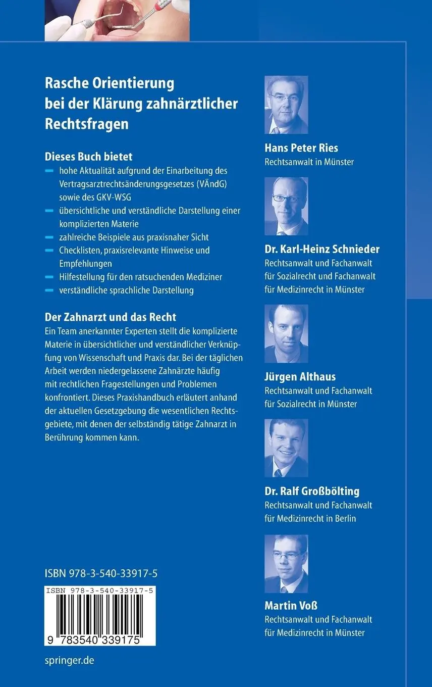 Rückseite: 9783540339175 | Zahnarztrecht | Praxishandbuch für Zahnmediziner | Schnieder (u. a.)