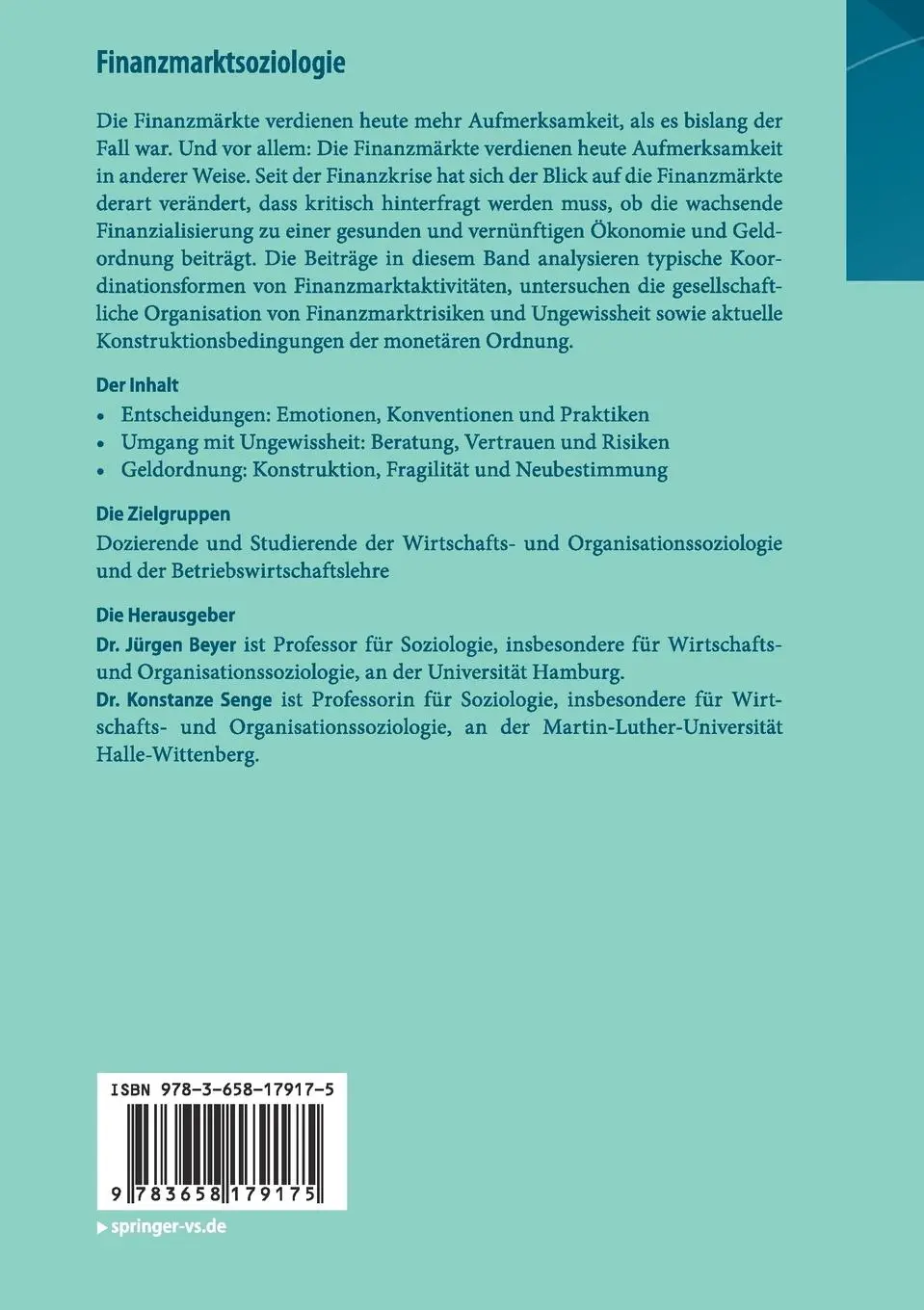 Rückseite: 9783658179175 | Finanzmarktsoziologie | Entscheidungen, Ungewissheit und Geldordnung