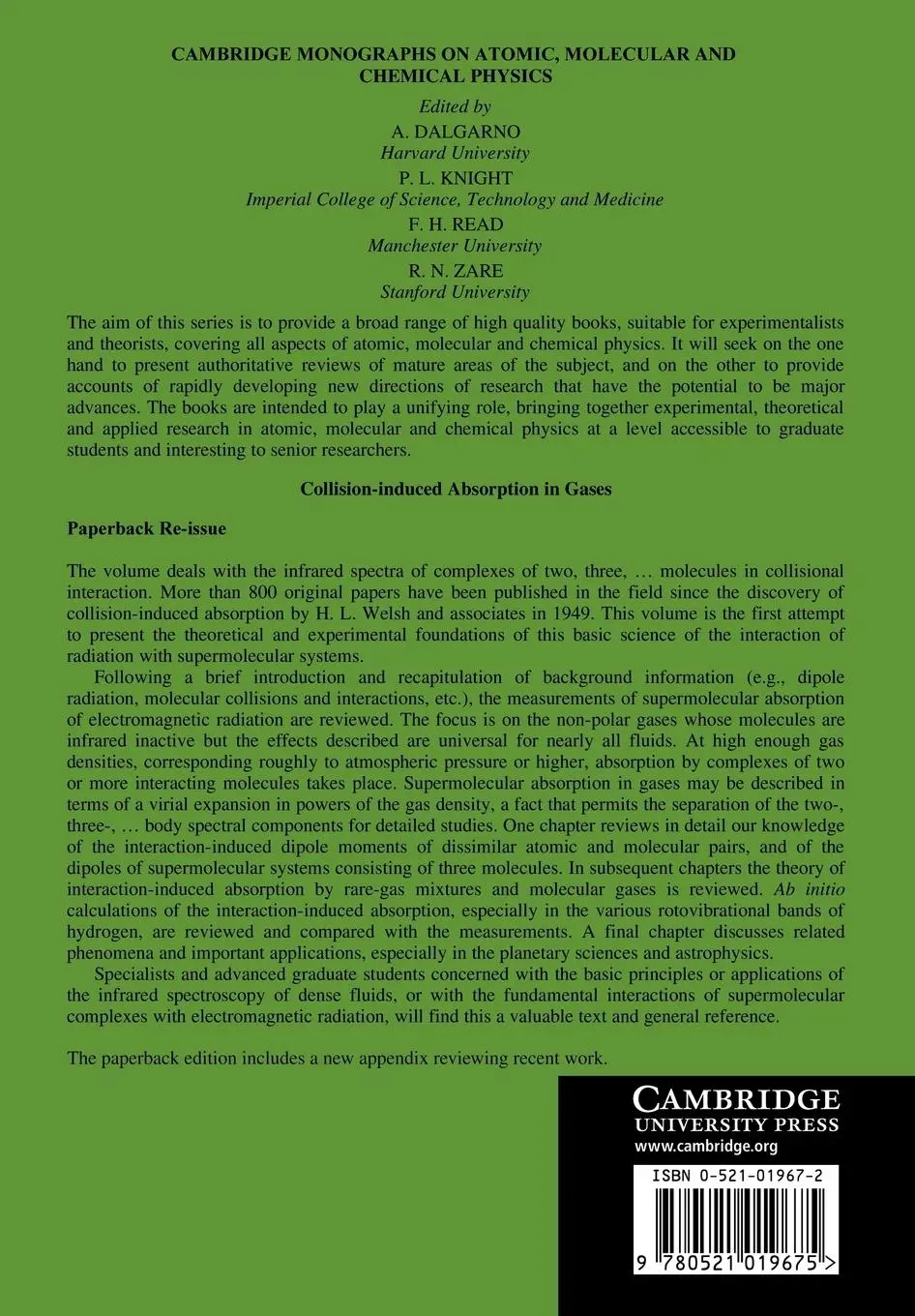 Rückseite: 9780521019675 | Collision-Induced Absorption in Gases | Lothar Frommhold | Taschenbuch