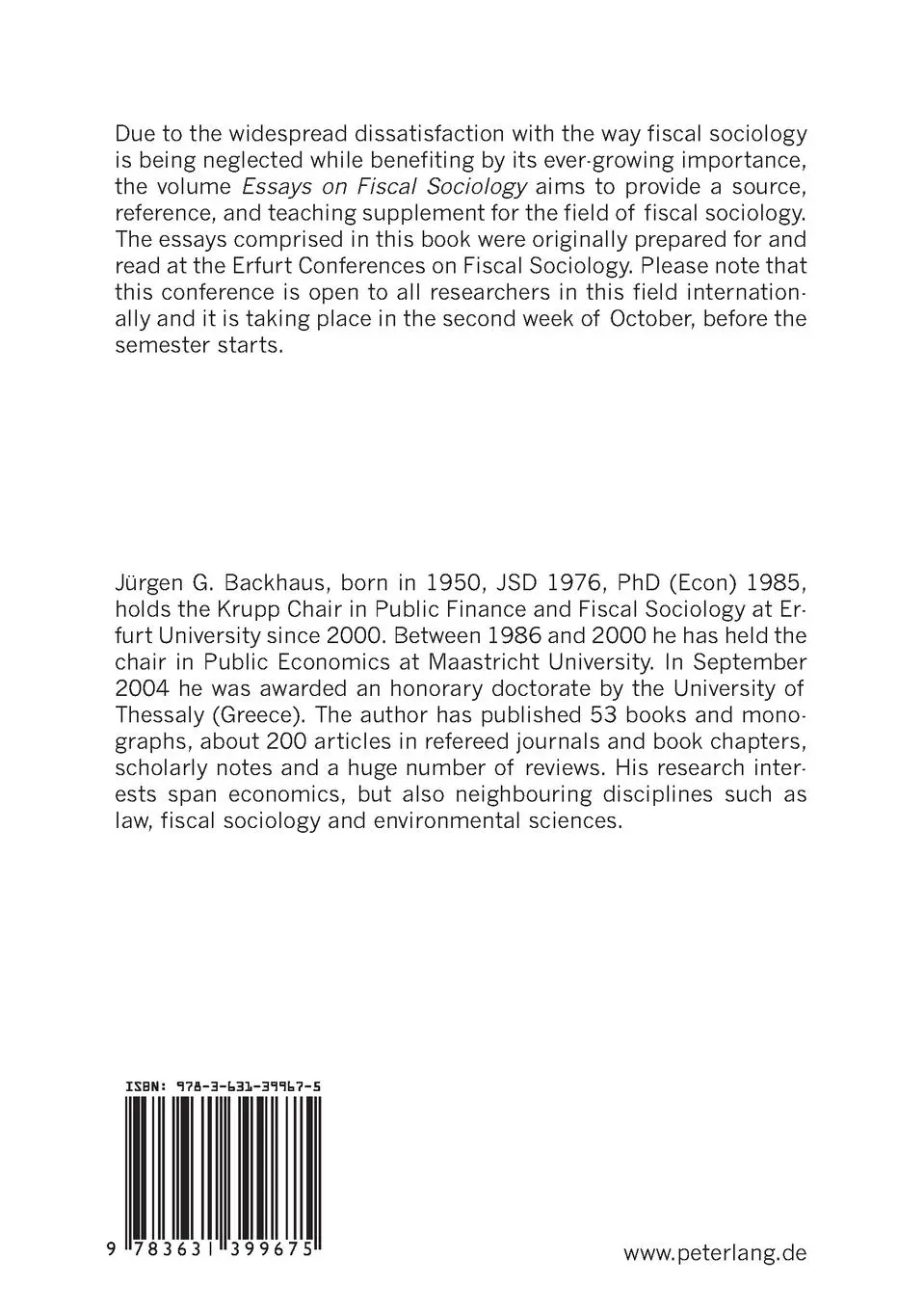 Rückseite: 9783631399675 | Essays on Fiscal Sociology | Jürgen G. Backhaus | Taschenbuch | 2005