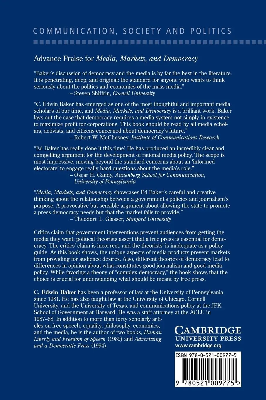Rückseite: 9780521009775 | Media, Markets, and Democracy | C. Edwin Baker | Taschenbuch | 2009
