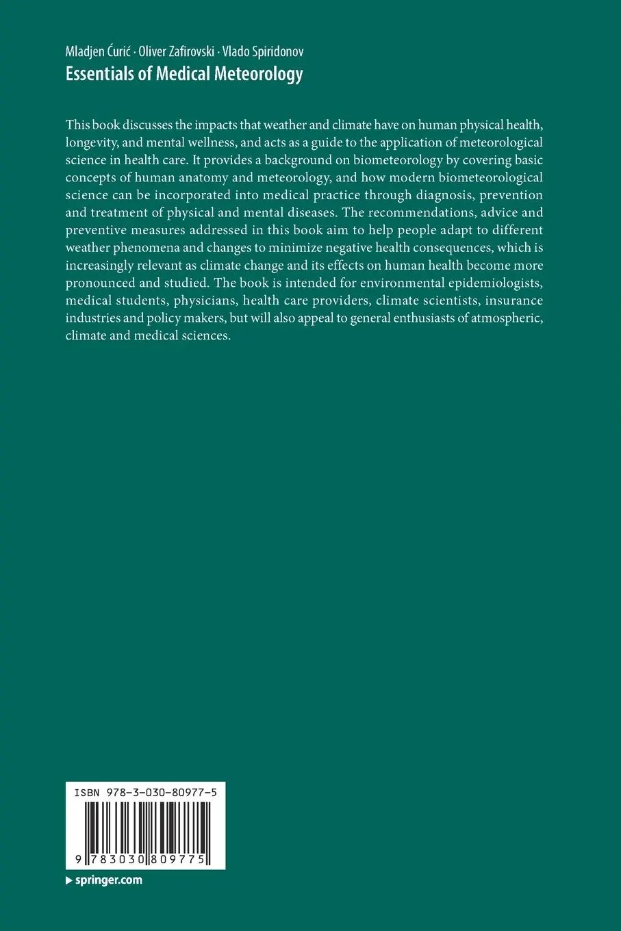 Rückseite: 9783030809775 | Essentials of Medical Meteorology | Mladjen ¿Uri¿ (u. a.) | Buch | xx