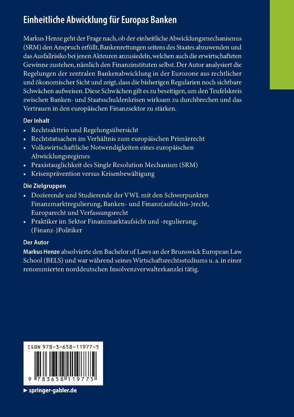Rückseite: 9783658119775 | Einheitliche Abwicklung für Europas Banken | Markus Henze | Buch | xv