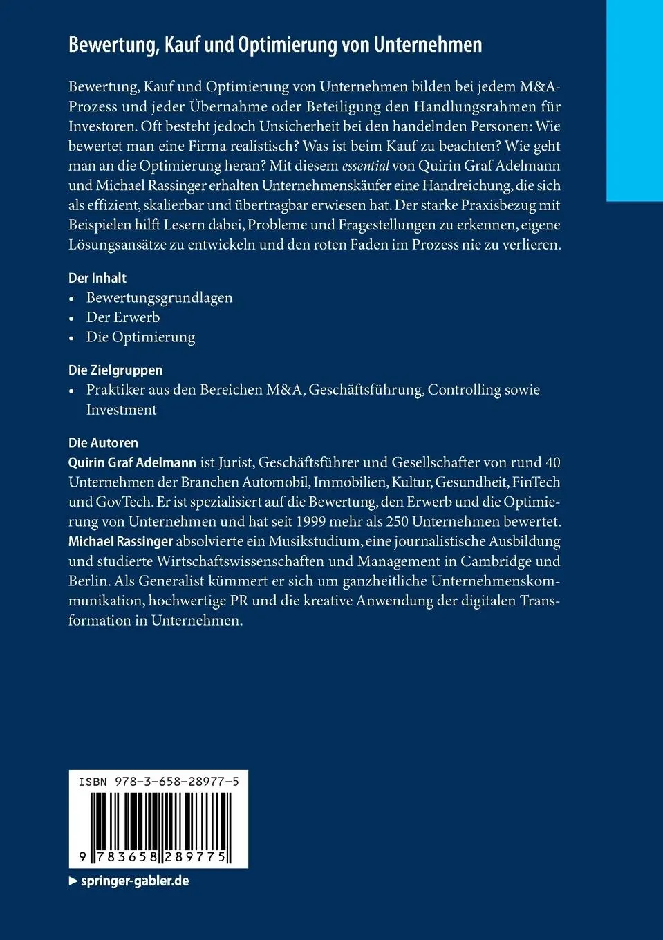 Rückseite: 9783658289775 | Bewertung, Kauf und Optimierung von Unternehmen | Rassinger (u. a.)