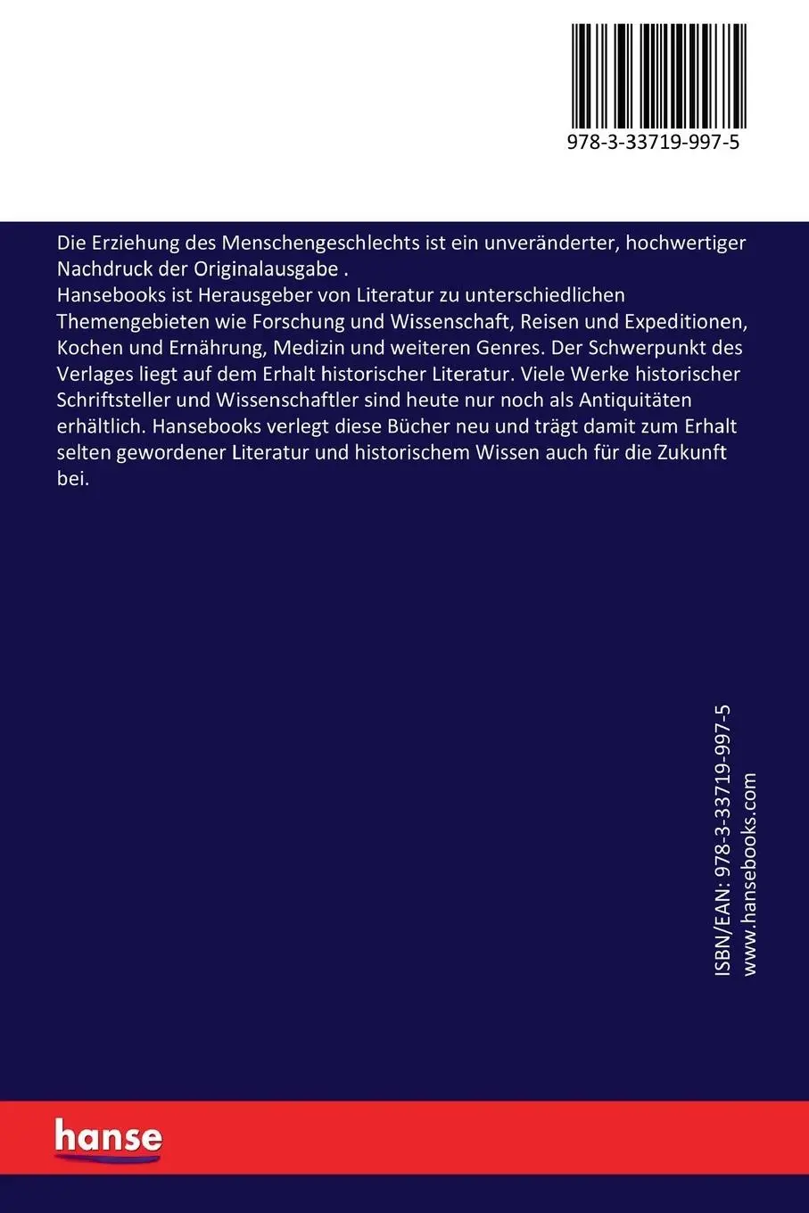 Rückseite: 9783337199975 | Die Erziehung des Menschengeschlechts | Gotthold Ephraim Lessing Rückseite: 9783337199975 | Die Erziehung des Menschengeschlechts | Gotthold Ephraim Lessing