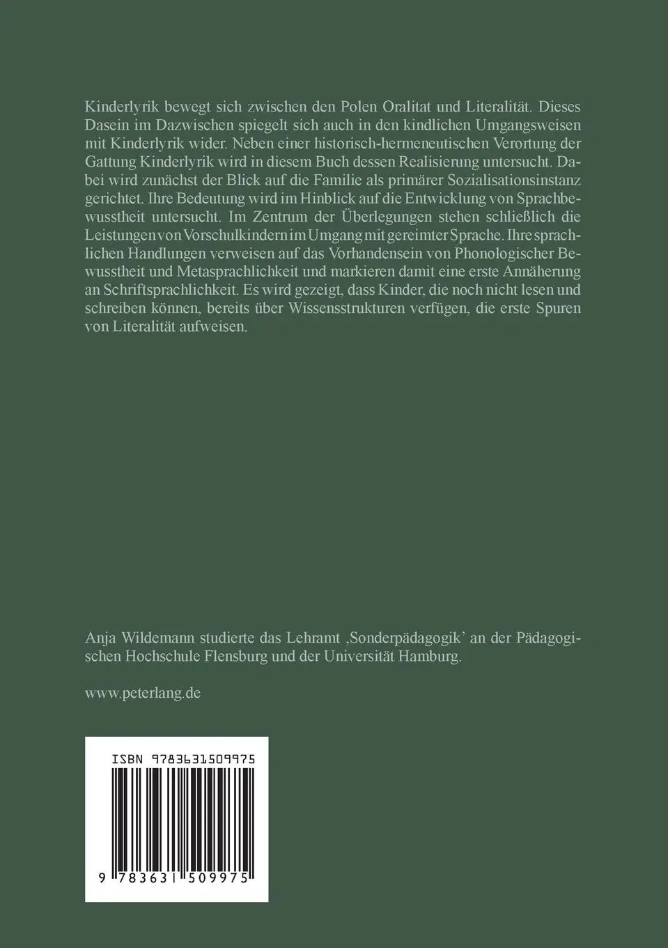 Rückseite: 9783631509975 | Kinderlyrik im Vorschulalter | Anja Wildemann | Taschenbuch | 258 S.