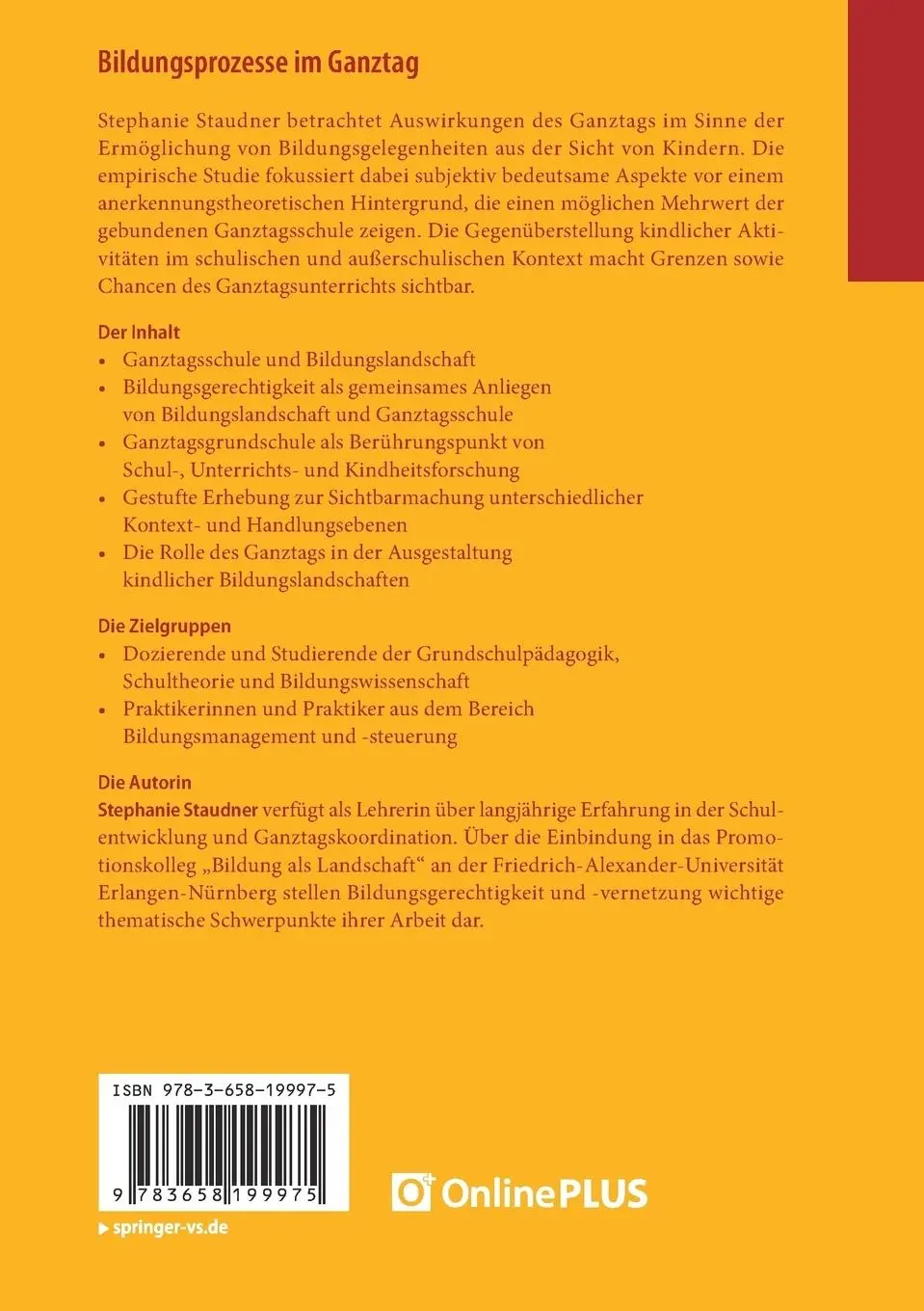 Rückseite: 9783658199975 | Bildungsprozesse im Ganztag | Stephanie Staudner | Taschenbuch | xii