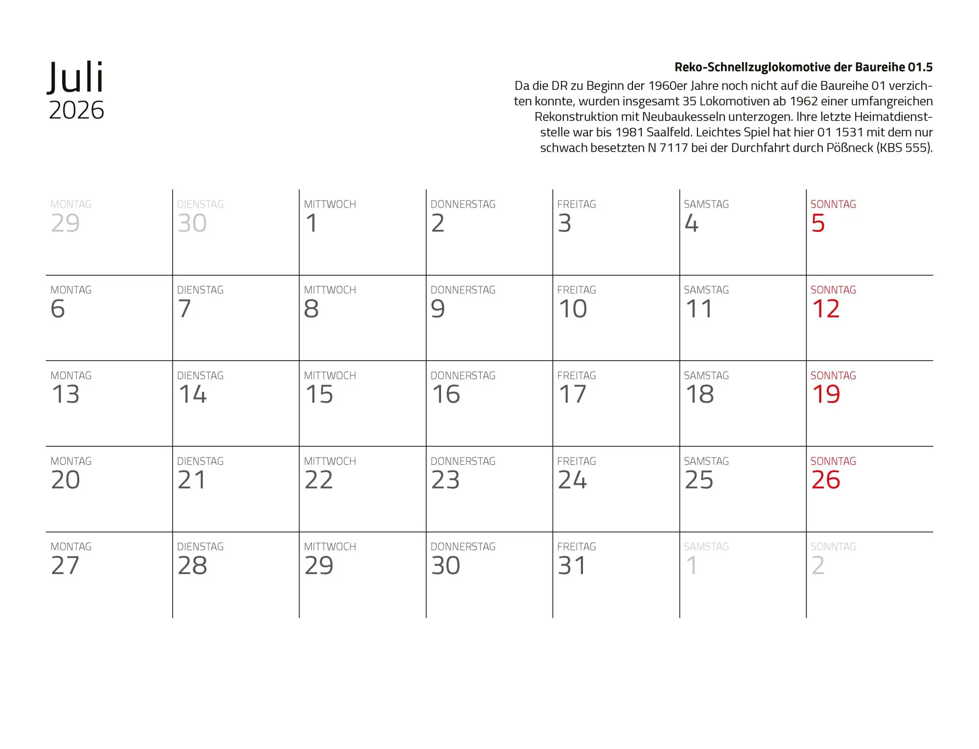 Bild: 9783690190176 | Kalender Dampfloks in Farbe 2026 Eintragkalender | Jörg Hajt | 14 S.