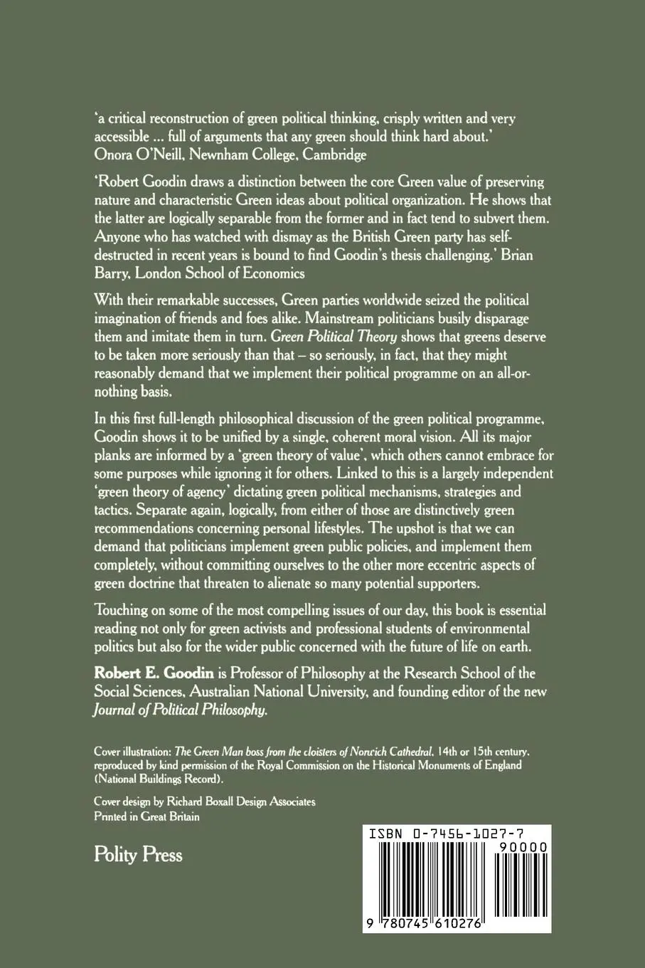 Rückseite: 9780745610276 | Green Political Theory | Robert E Goodin | Taschenbuch | Englisch