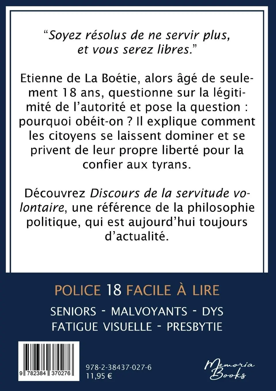 Rückseite: 9782384370276 | Discours de la servitude volontaire en grands caractères | Boétie