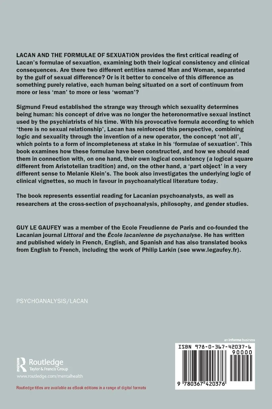 Rückseite: 9780367420376 | Lacan and the Formulae of Sexuation | Guy Le Gaufey | Taschenbuch