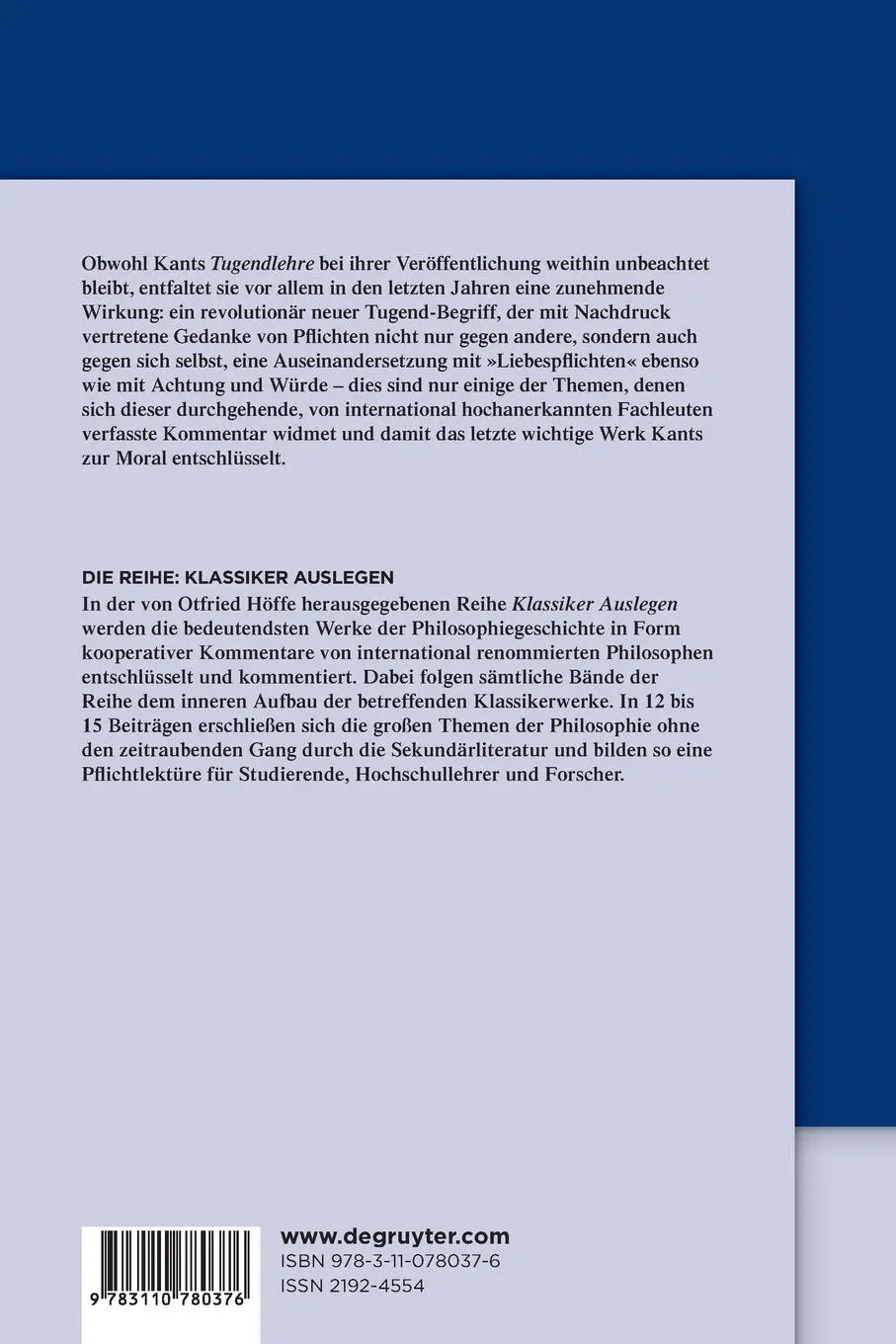 Rückseite: 9783110780376 | Immanuel Kant: Metaphysische Anfangsgründe der Tugendlehre | Höffe | X