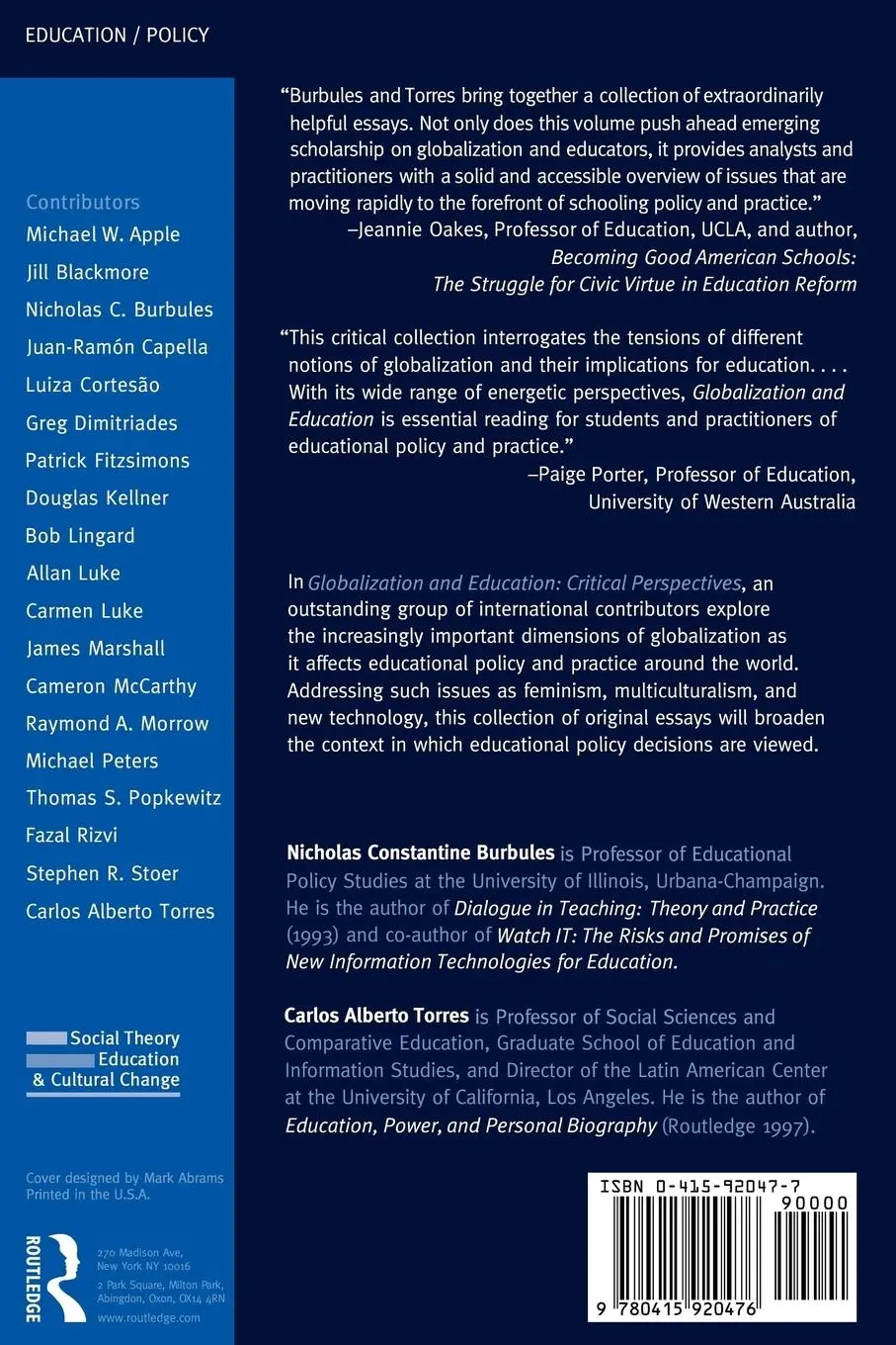 Rückseite: 9780415920476 | Globalization and Education | Critical Perspectives | Burbules (u. a.)