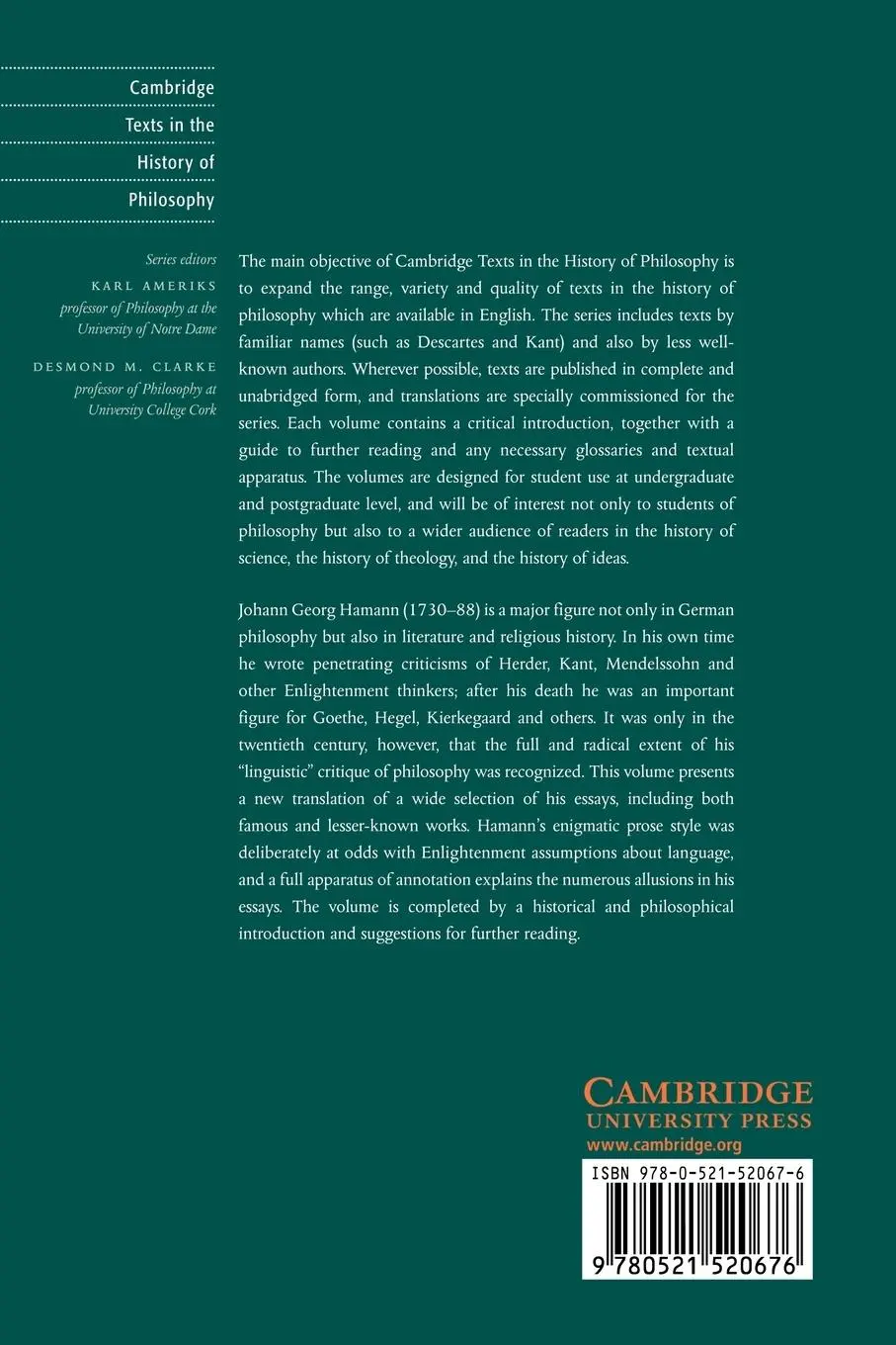 Rückseite: 9780521520676 | Hamann | Writings on Philosophy and Language | Johann Georg Hamann