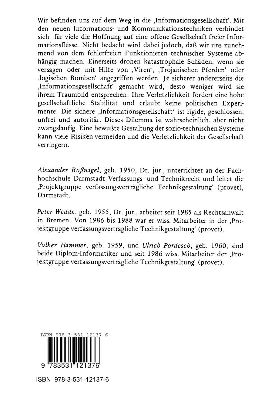Rückseite: 9783531121376 | Die Verletzlichkeit der 'Informationsgesellschaft' | Wedde (u. a.) | x