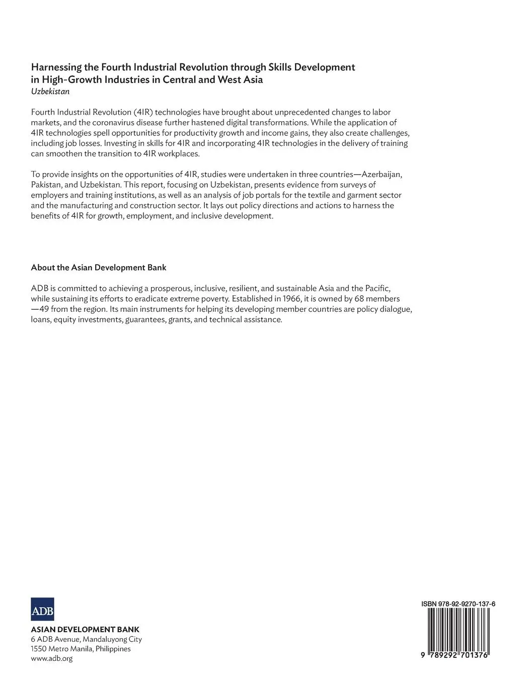 Rückseite: 9789292701376 | Harnessing the Fourth Industrial Revolution through Skills...