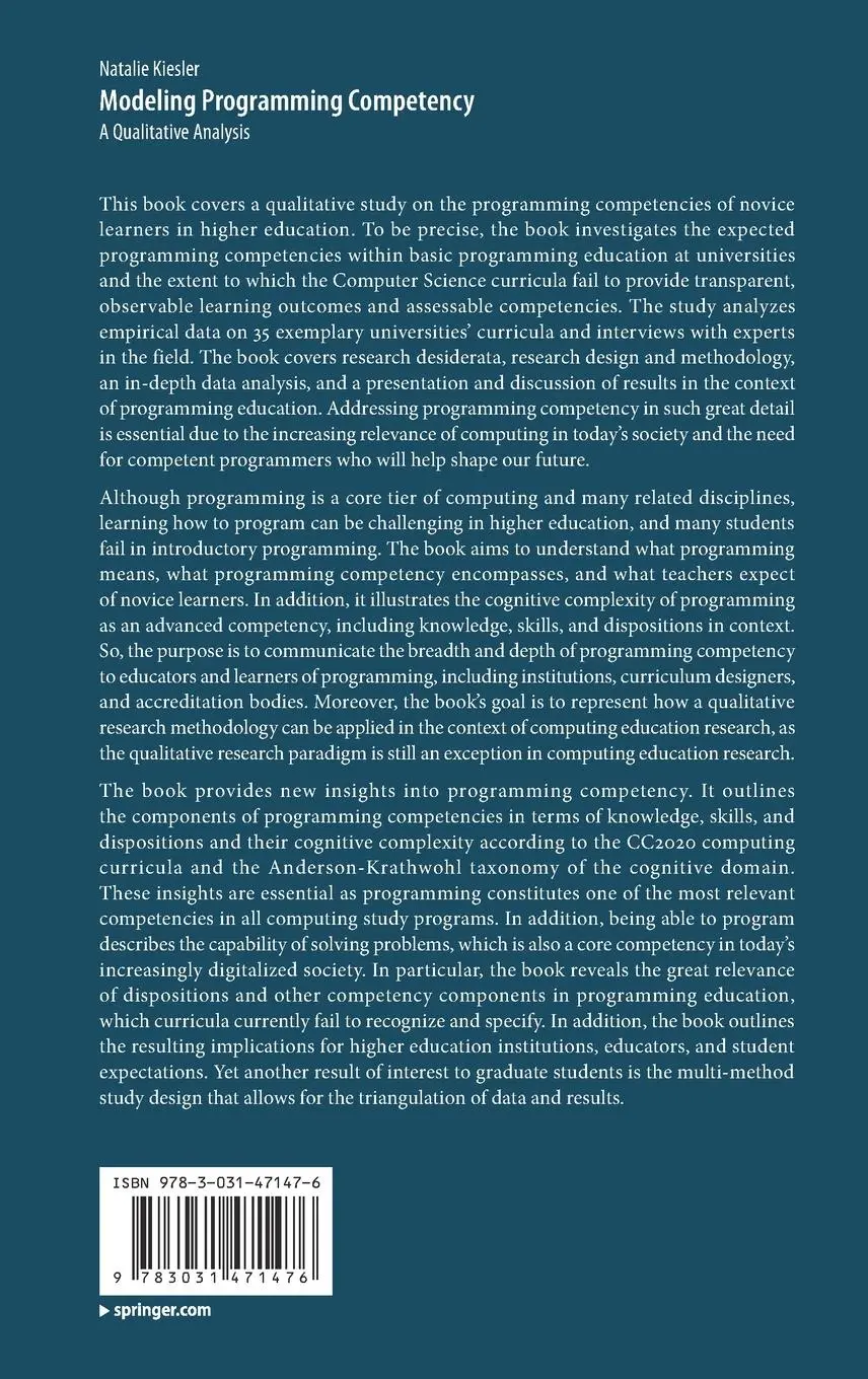 Rückseite: 9783031471476 | Modeling Programming Competency | A Qualitative Analysis | Kiesler