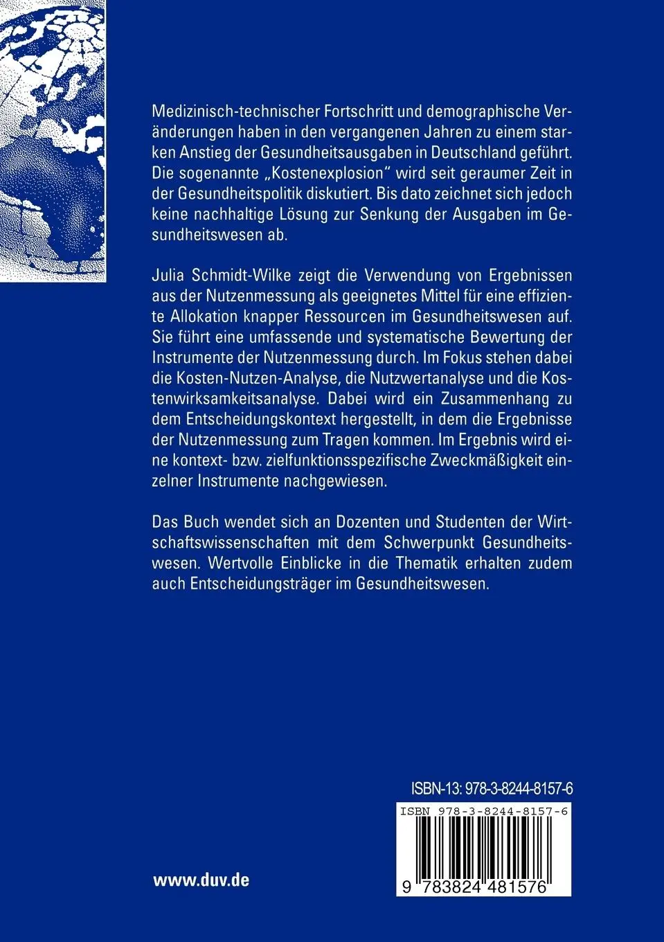 Rückseite: 9783824481576 | Nutzenmessung im Gesundheitswesen | Julia Schmidt-Wilke | Taschenbuch