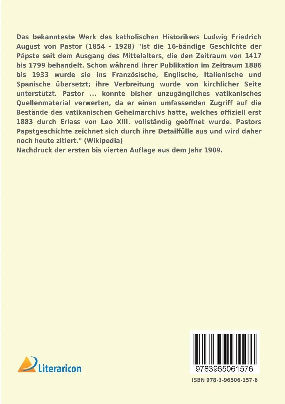 Rückseite: 9783965061576 | Geschichte der Päpste seit dem Ausgang des Mittelalters | Pastor