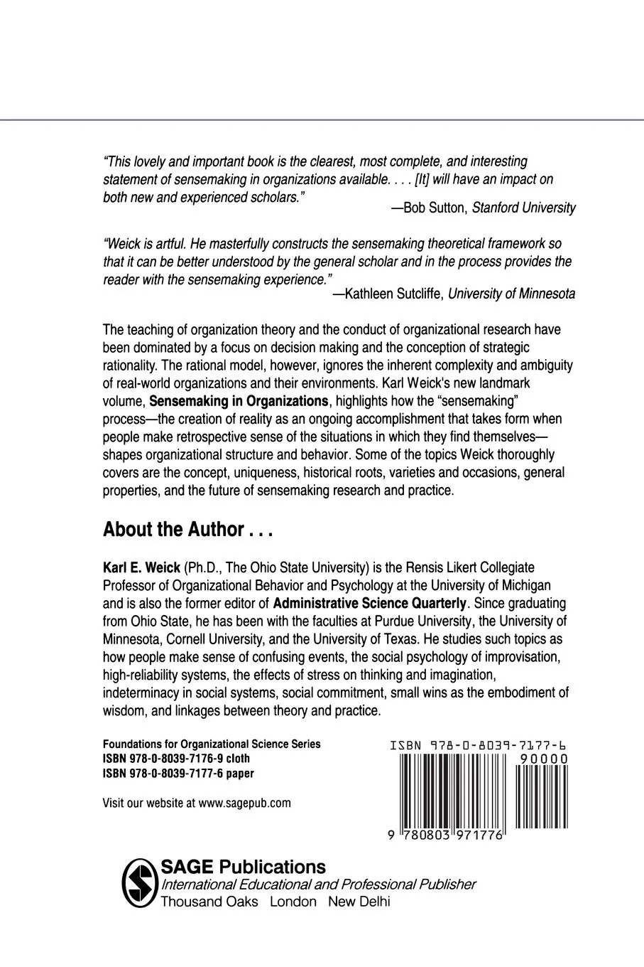 Rückseite: 9780803971776 | Sensemaking in Organizations | Karl E Weick | Taschenbuch | Englisch