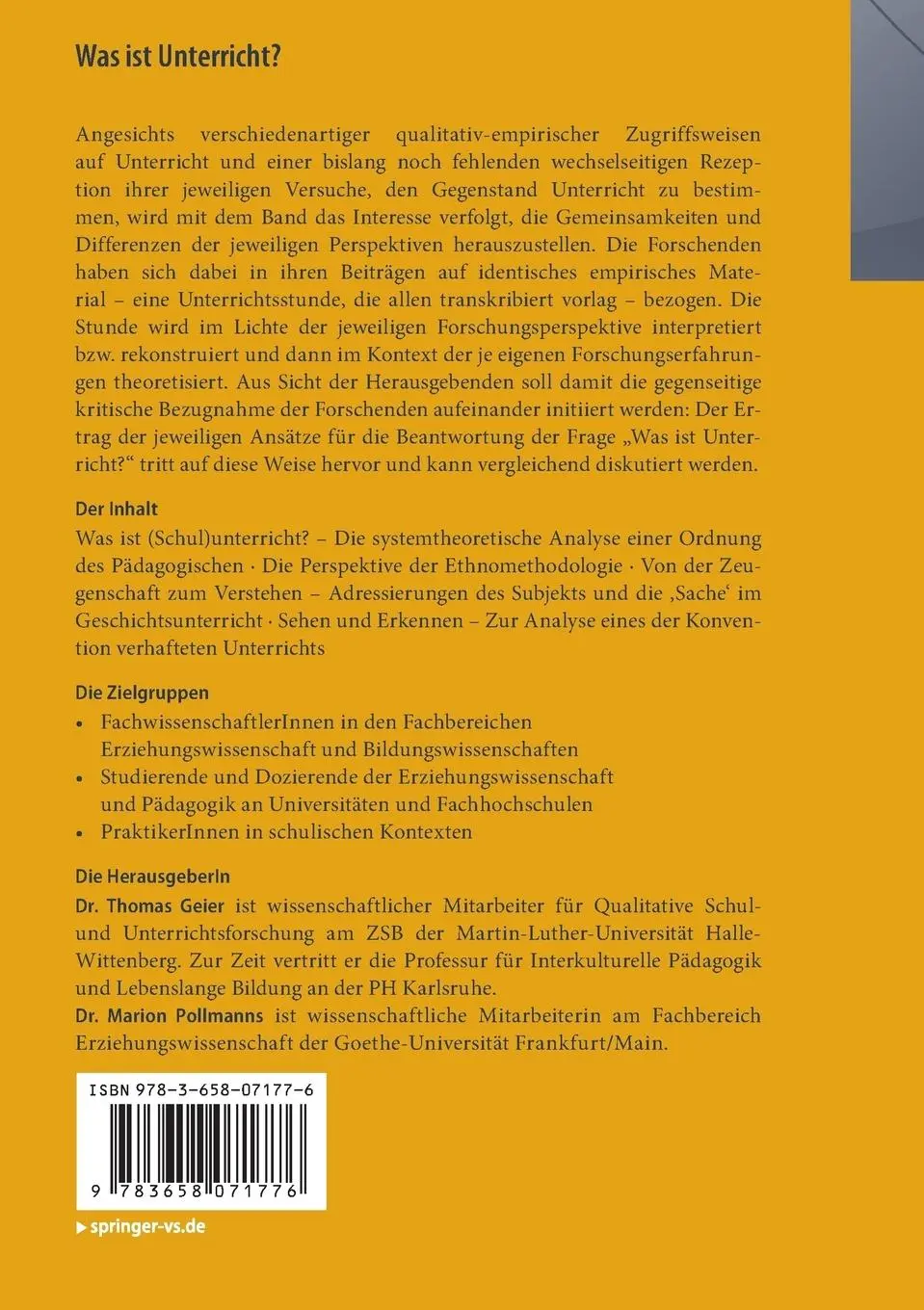 Rückseite: 9783658071776 | Was ist Unterricht? | Zur Konstitution einer pädagogischen Form | Buch