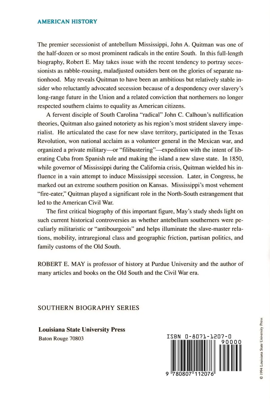 Rückseite: 9780807112076 | John A. Quitman | Old South Crusader | Robert E. May | Taschenbuch