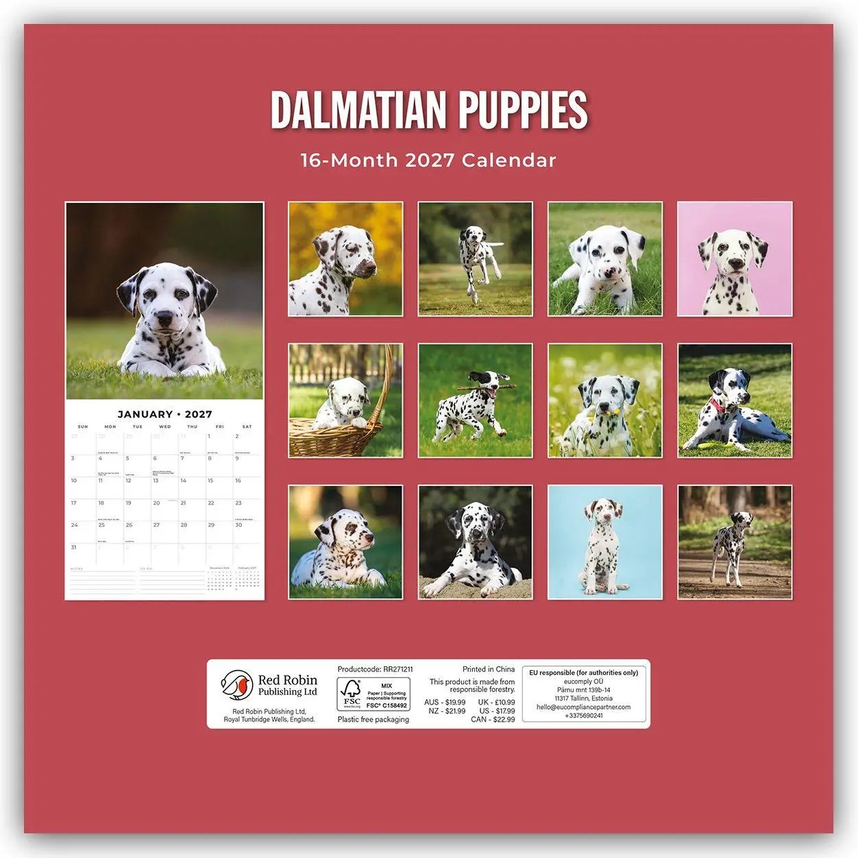 Rückseite: 9781837012176 | Dalmatian Puppies - Dalmatiner Welpen 2027 - 16-Monatskalender | Red