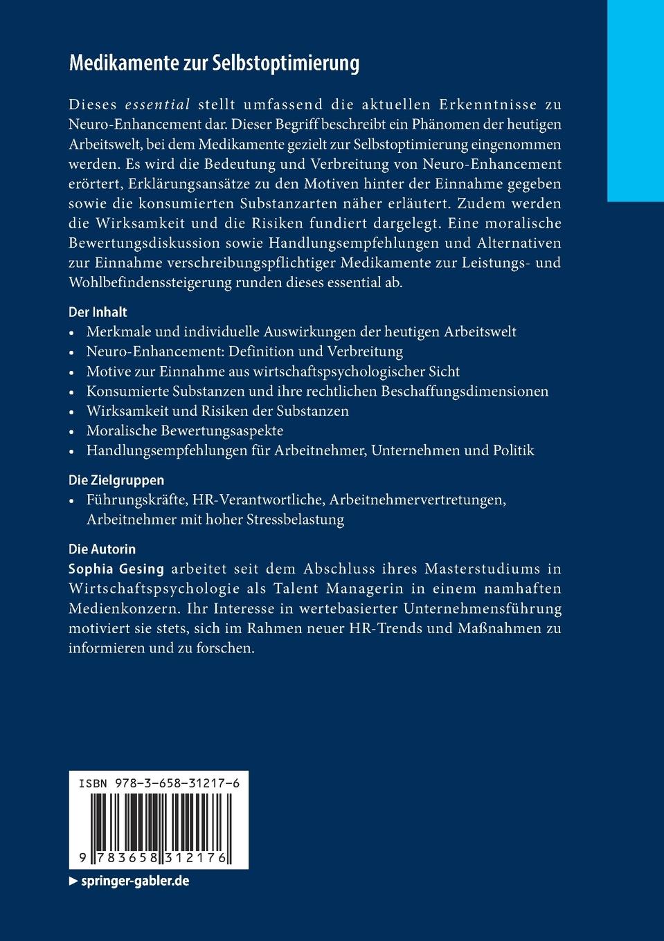 Rückseite: 9783658312176 | Medikamente zur Selbstoptimierung | Sophia Gesing | Taschenbuch | viii