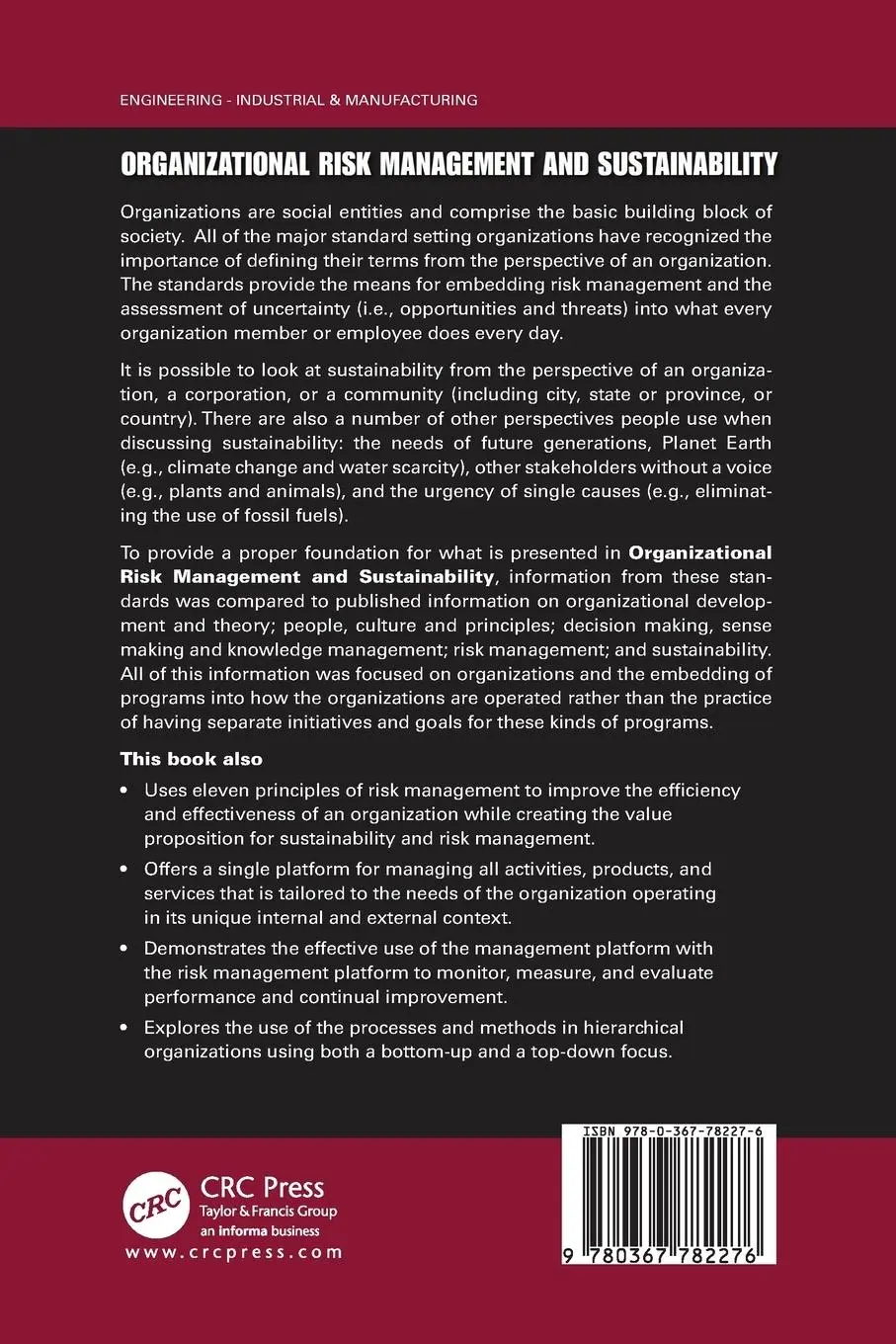 Rückseite: 9780367782276 | Organizational Risk Management and Sustainability | Robert B. Pojasek