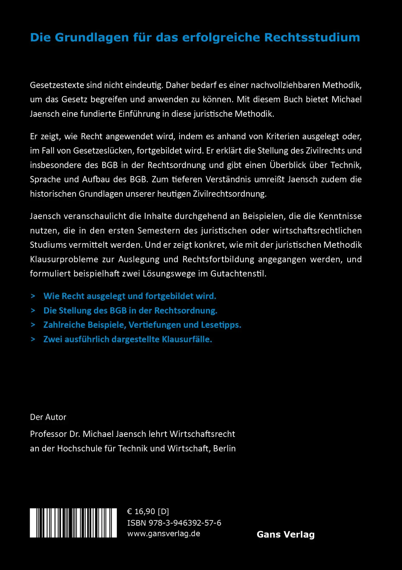 Rückseite: 9783946392576 | Juristische Methodenlehre | Michael Jaensch | Taschenbuch | 114 S.