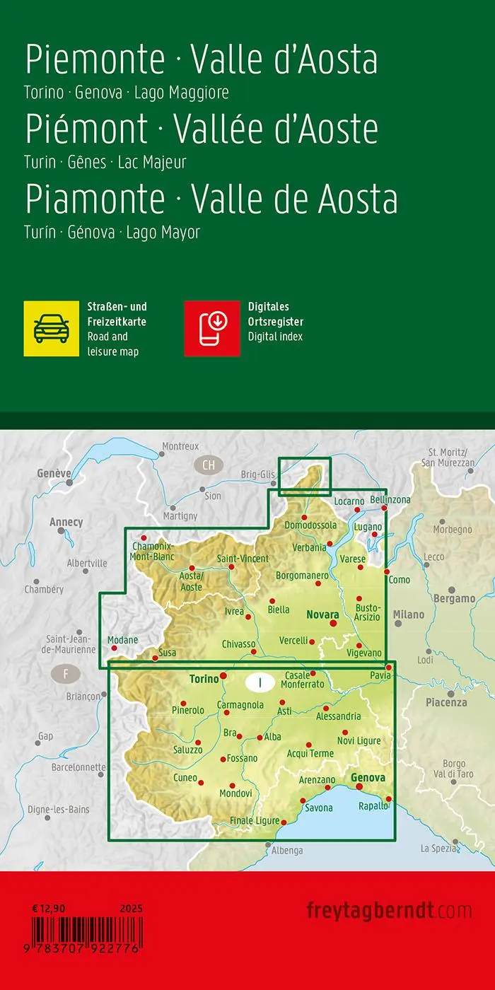 Rückseite: 9783707922776 | Piemont - Aostatal, Straßen- und Freizeitkarte 1:150.000, freytag &amp;...