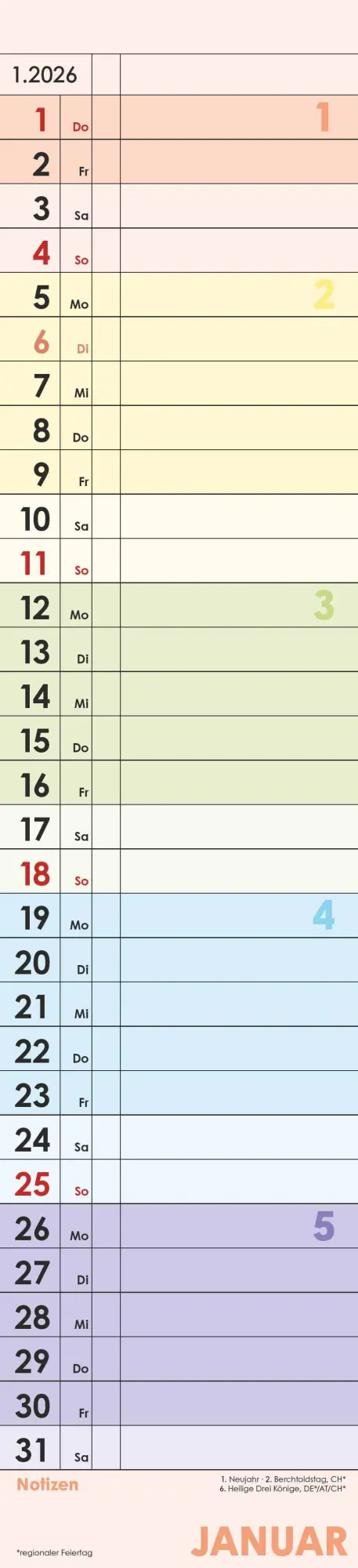 Bild: 4069095002876 | Planer Farbenfroh 2026 - Streifen-Kalender 11,3x49x5 cm -...
