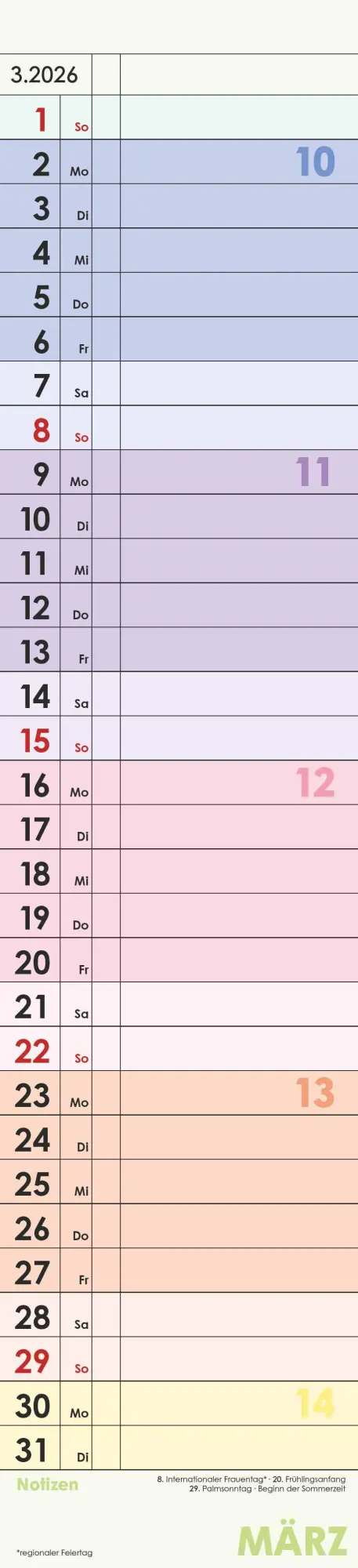 Bild: 4069095002876 | Planer Farbenfroh 2026 - Streifen-Kalender 11,3x49x5 cm -...