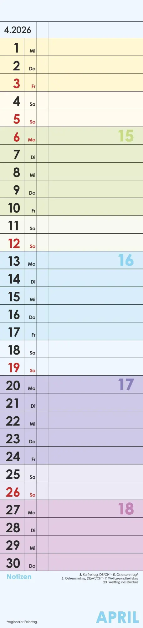 Bild: 4069095002876 | Planer Farbenfroh 2026 - Streifen-Kalender 11,3x49x5 cm -...