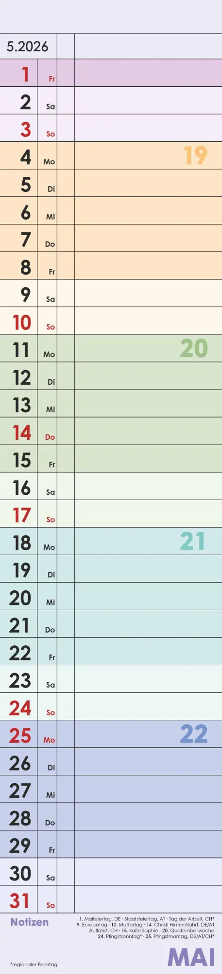 Bild: 4069095002876 | Planer Farbenfroh 2026 - Streifen-Kalender 11,3x49x5 cm -...