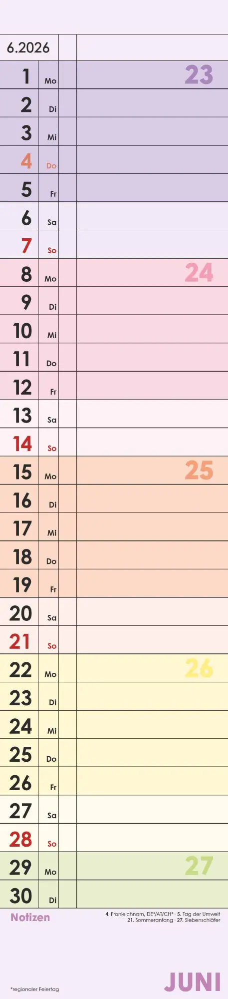 Bild: 4069095002876 | Planer Farbenfroh 2026 - Streifen-Kalender 11,3x49x5 cm -...