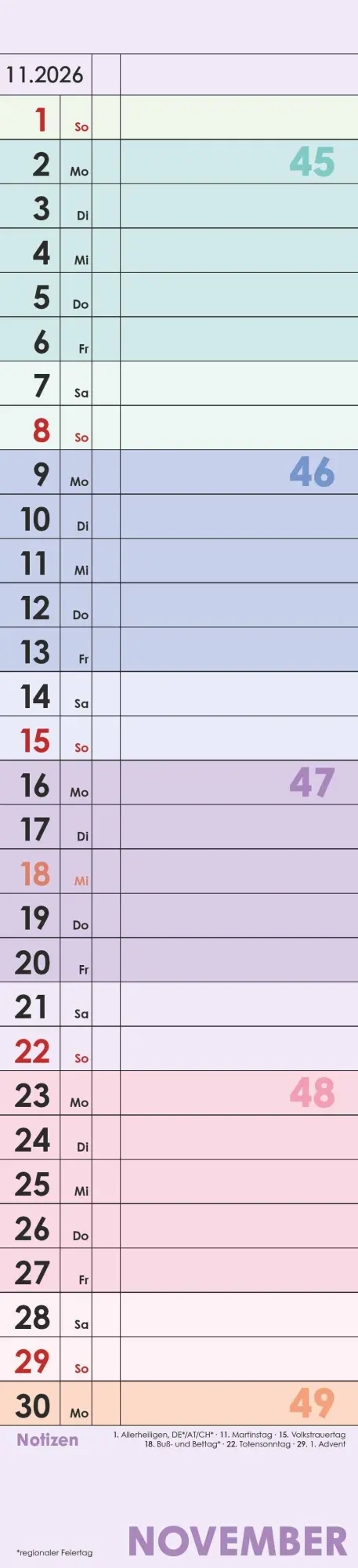 Bild: 4069095002876 | Planer Farbenfroh 2026 - Streifen-Kalender 11,3x49x5 cm -...