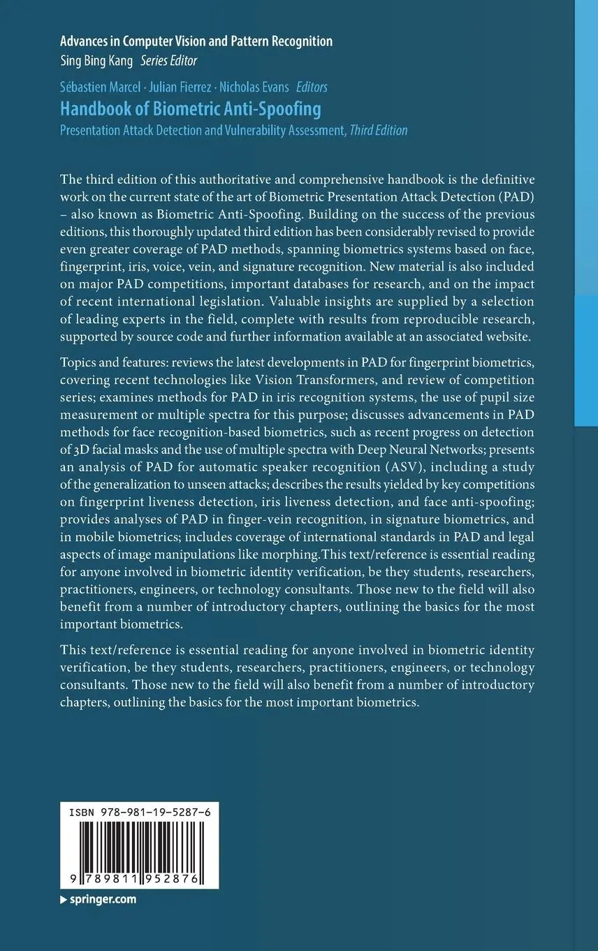 Rückseite: 9789811952876 | Handbook of Biometric Anti-Spoofing | Sébastien Marcel (u. a.) | Buch