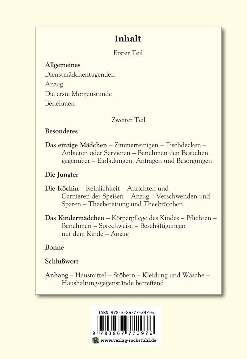 Rückseite: 9783867772976 | Das feine Dienstmädchen wie es sein soll. 1892 | Isa von der Lütt