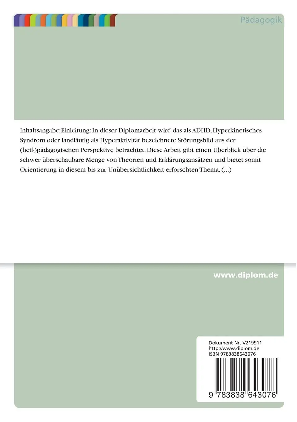 Rückseite: 9783838643076 | ADHD (Attention-deficit-hyperactivity-disorder) vom Blickwinkel der...